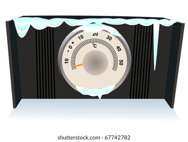 The desktop thermometer covered with ice on a white background
