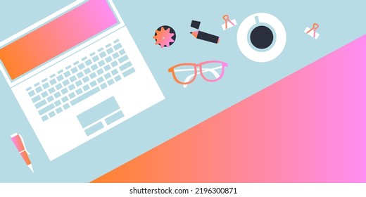 Desktop. Top view of desk, laptop, telephone, notepad, planner, coffee, cactus, glasses. Business experience, organization. Workspace, analytics, optimization, management. Vector Flat illustration.