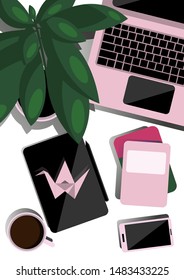 Desktop top view. Flat illustration for business, education. Creative layout. Desktop with laptop, tablet, phone, coffee, plant and notebooks. Origami pink crane. White background