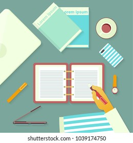 Desktop top view hand with pen of working, Flat design, Vector illustration