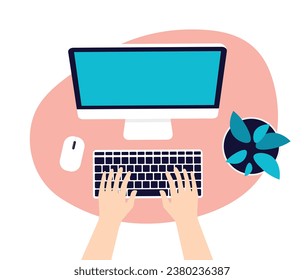 Desktop top view with human hands typing on keyboard. Workplace with computer monitor, phone, plant on a table. Flat vector illustration template in a trendy flat style.