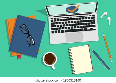 Desktop, top view. Laptop, books, pen, pencil, glasses, coffee cup, headphones. Vector graphics