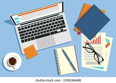 desktop, top view. Laptop, books, documents, glasses, pen, coffee. Vector graphics.