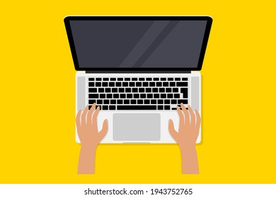 Desktop, Top View. Laptop computer. Computer notebook with empty screen. Laptop and hands on the keyboard. Human hands using computer. Vector illustration work process, working at a computer