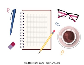Desktop top view. Mug of coffee top view. Spring pad. Vector graphics