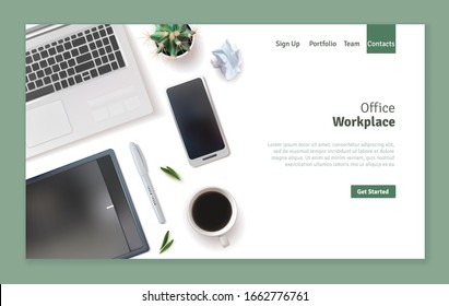 Desktop top view. Office items. Realistic workplace landing page design. Vector illustration