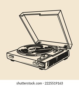 Desktop turntable monochrome element vintage for playing audio recordings of compositions and music from vinyl records vector illustration