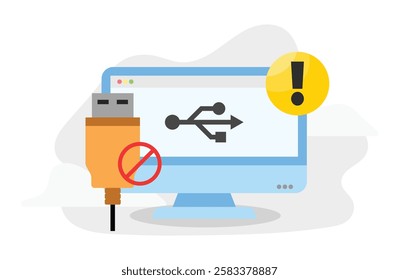 desktop with usb error notification vector illustration, modern style design desktop