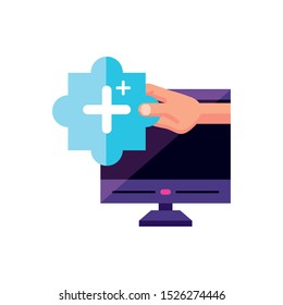 desktop with user hand and plus symbol vector illustration design