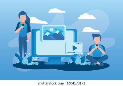 desktop and users with social media marketing icons vector illustration design