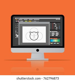 desktop vector. computer artist on desk. professional photo editor work. graphic image software icon. flat design vector illustration.