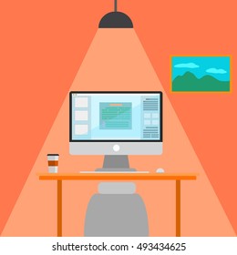 Desktop vector, flat, illustration or icon working at home.
