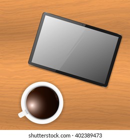 Desktop. Vector tablet on wooden table and a cup of coffee