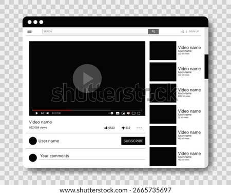 Desktop Video Platform Mock-up with Player, Search Bar and Suggested Clips