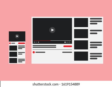 Desktop Video Player YouTube. PC And Smartphone Social Media Interface. You Tube Play Video Online Mock Up Button. Tube Window With Navigation Icon. Vector Illustration.