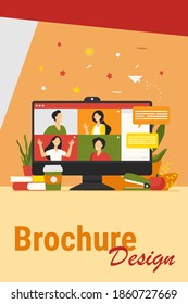 Desktop with virtual meeting or videoconference isolated flat vector illustration. Cartoon people on computer screen talking with colleagues online. Collective chat and digital technology concept