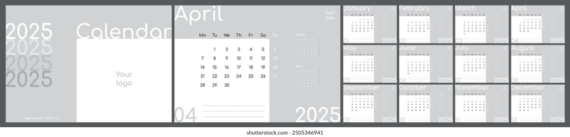 Desktop or wall horizontal calendar template for 2025. Set of 12 pages and cover. Black and white, English, A4.