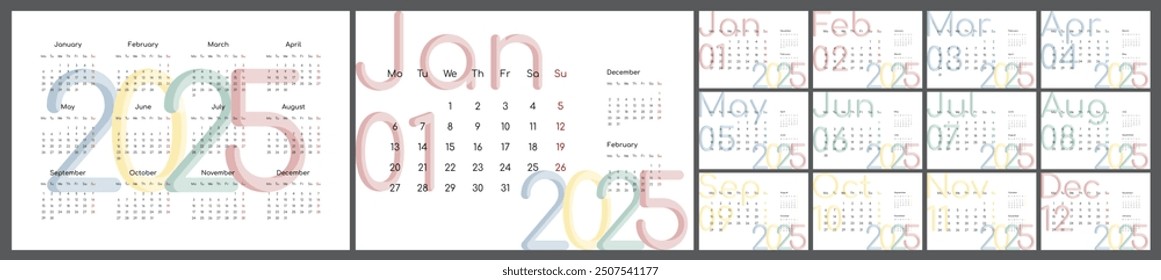 Horizontale Kalendervorlage für Desktop oder Wand für 2025. Set mit 12 Seiten und Umschlag. Englisch, A4.