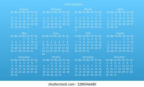 Desktop wallpaper Calendar 2019 blue background, white numbers