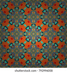 For desktop, Wallpaper for, trance, meditation, serene paints combinations. A variety of shapes and floral elements. Vector sketch. Seamless pattern abstract mandalas in orange, red and blue colors.