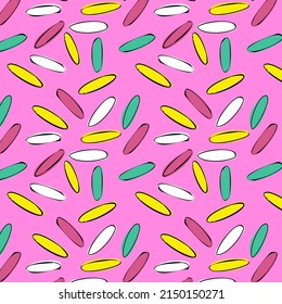 Desktop wallpaper, pattern on fabric, background. Confetti, pattern, colored glaze. Donuts with icing and sprinkles, desserts, cakes. Vector pattern.
