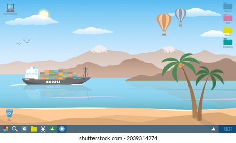 Desktop wallpaper, screenshot. Southern paradise in pastel colors. Landscape in cartoon style. Simplicity and minimalism. Vector illustration