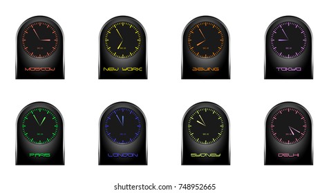 Desktop watch or wall watch.World time of different time zones. Business major centers of the world. Moscow, New York, London, Beijing, Tokyo, Sydney, Delhi, Paris