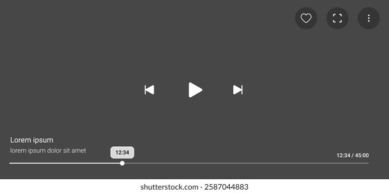 Desktop web video player with modern multimedia interface and navigation icons, designed for online video playback on web and mobile apps. Ideal for stock vector templates.