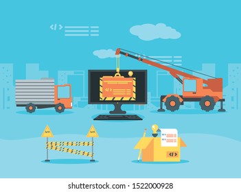 desktop with webpage under cosntruction vector illustration design