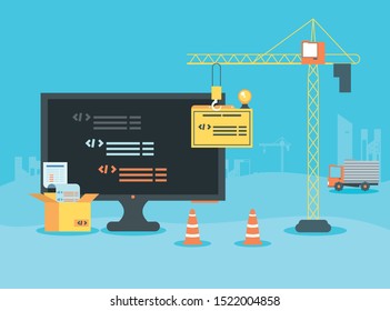 desktop with webpage under cosntruction vector illustration design