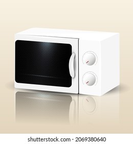 Desktop white microwave oven with reflection. Vector illustration of a kitchen appliance.