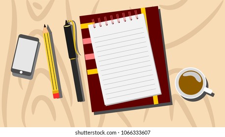 desktop white notebook pen pencil cafe mobile phone vector lifestyle 