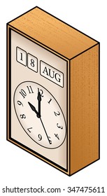 A desktop wooden alarm clock with date display.