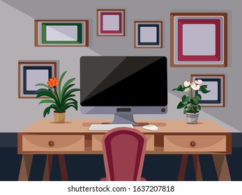 Desktop. Wooden table with drawers. On the table is a lamp on a scrupin, a computer monitor, a keyboard, a mouse. Pots with flowers. There are many frames on the wall.