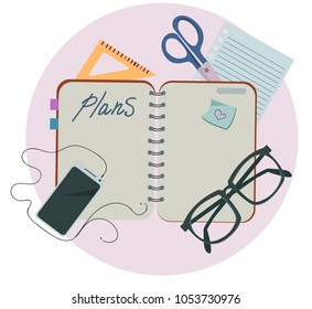 desktop, work plans, phone with headphones