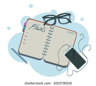 desktop, work scheduling, hand with a clock, a magazine and a phone with headphones