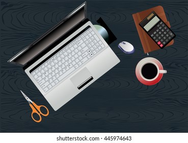 desktop working place background, office supplies on the desktop
top view. vector illustration
