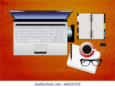 desktop working place background, office supplies on the desktop
top view. vector illustration
