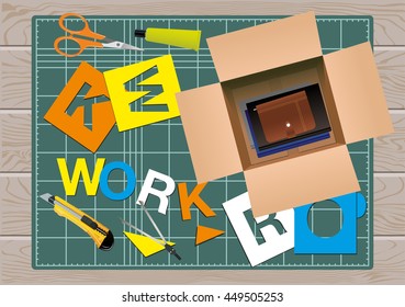desktop working place background, office supplies on the desktop
top view. vector illustration
