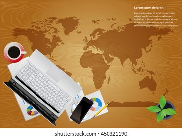 desktop working place background, office supplies on the desktop
top view. vector illustration
