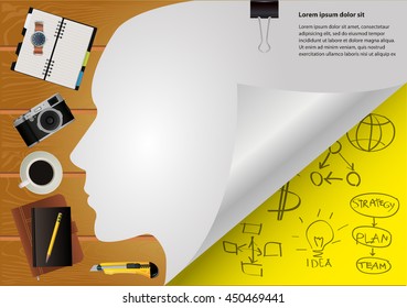 desktop working place background, office supplies on the desktop
top view. vector illustration
