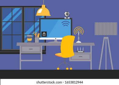 Desktop workplace with electronic gadgets and devices, internet connection signal, vector illustration. Modern office workspace tabletop with computer monitor, internet router and camera technologies
