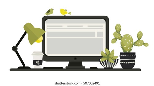 Desktop. Workplace with lamp, coffee, cacti and computer. Cute vector illustration.