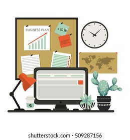 Desktop. Workplace with note board, lamp, coffee, cacti and computer. Cute vector illustration.