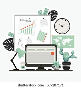 Desktop. Workplace with note board, lamp, coffee, cacti and computer. Cute vector illustration.