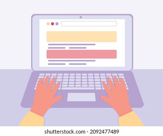 Desktop, workplace, print on a laptop. A table with a laptop and hands. Vector illustration