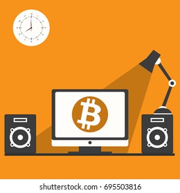 Desktop workspace with devices. Bitcoin for web design