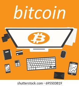 Desktop workspace with devices. Bitcoin for web design