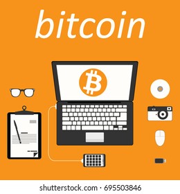 Desktop workspace with devices. Bitcoin for web design