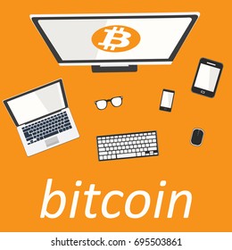 Desktop workspace with devices. Bitcoin for web design